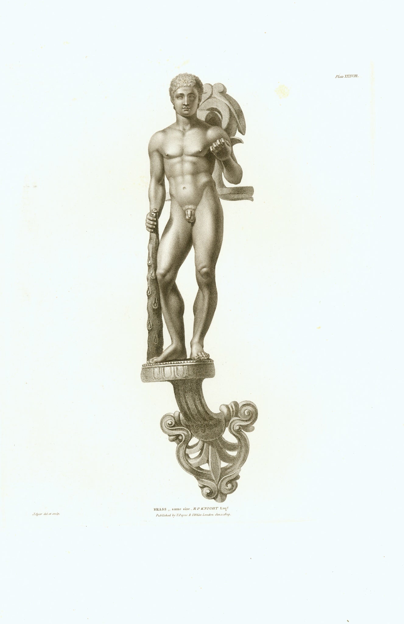 No Title. Hercules, holding the club in his right hand and the apple of the Hesperides in his left.  Brass - original size  Stipple engraving by John Samuel Agar (1773-1858)  After his own drawing.  Published in "Speciments of Ancient Sculpture, Aegyptian, Etruscan, Greek and Roman: Selected from different collections in Great Britain" Page XXXVIII  By Richard Payne Knight (1751-1824)  London, 1809  Agar's work as an engraver was hailed as "The finest ever made of Sculpture" (Nicholas Penny)