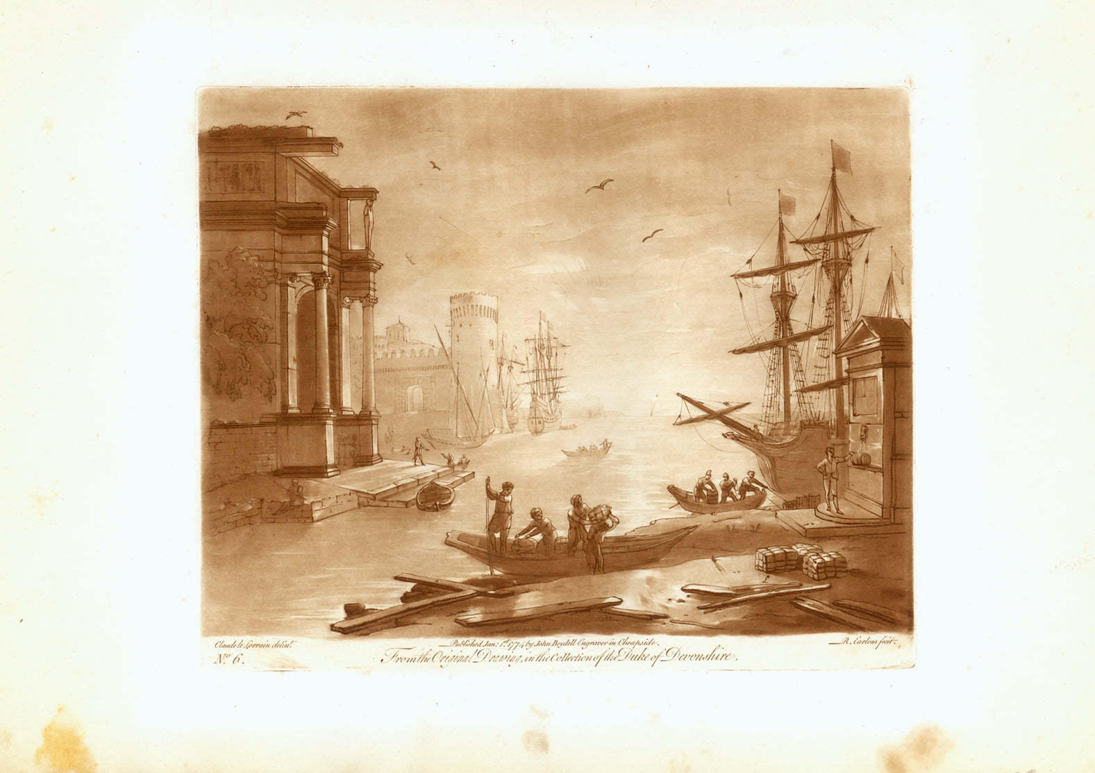 Landscapes, Genre, Claude Lorrain, Earlom, Seaport, Sepia, Longshoremen