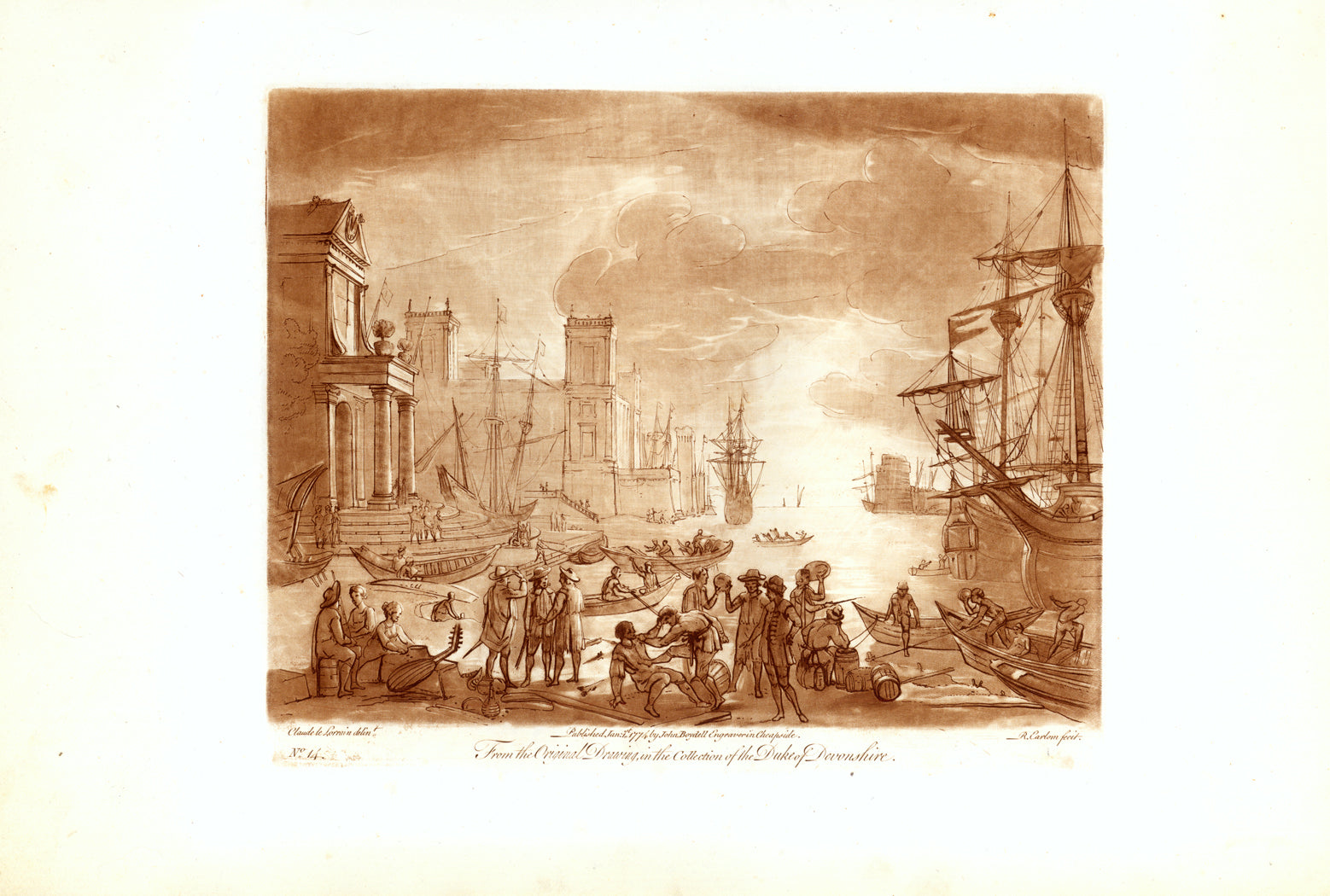  No title. Seaport. Several sail ships having arrived.  Shipping agents, longshoremen, passengers passing time at the pier in expectation of discharging and loading goods .  Mezzotint by Richard Earlom (1743-1822) Printed in superb sepia color After the drawing by Claude le Lorrain (1600-1682) Published in Liber Veritatis London, dated 1774  Original antique print  