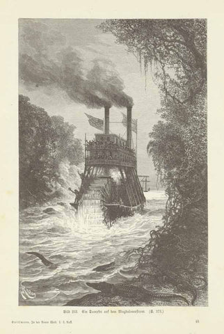 "Ein Dampfer auf dem Magdalenastrom" (steamship on the Magdalena River)  Wood engraving published 1895.  Original antique print    Text on the reverse side about exploration of South America.