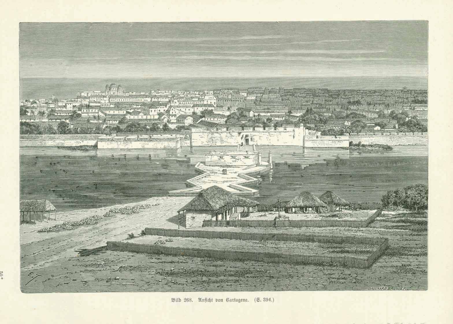 "Ansicht von Cartagena"  Wood engraving 1895. Text on reverse side.  15.5 x 23.5 cm (6.1 x 9.2")