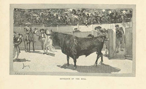 "Entrance of the Bull"  Article "The Bull Fight" of 6 seprate pages with 5 wood engraving images and English text. Two of the images are shown above. Published 1883.  Original antique print 