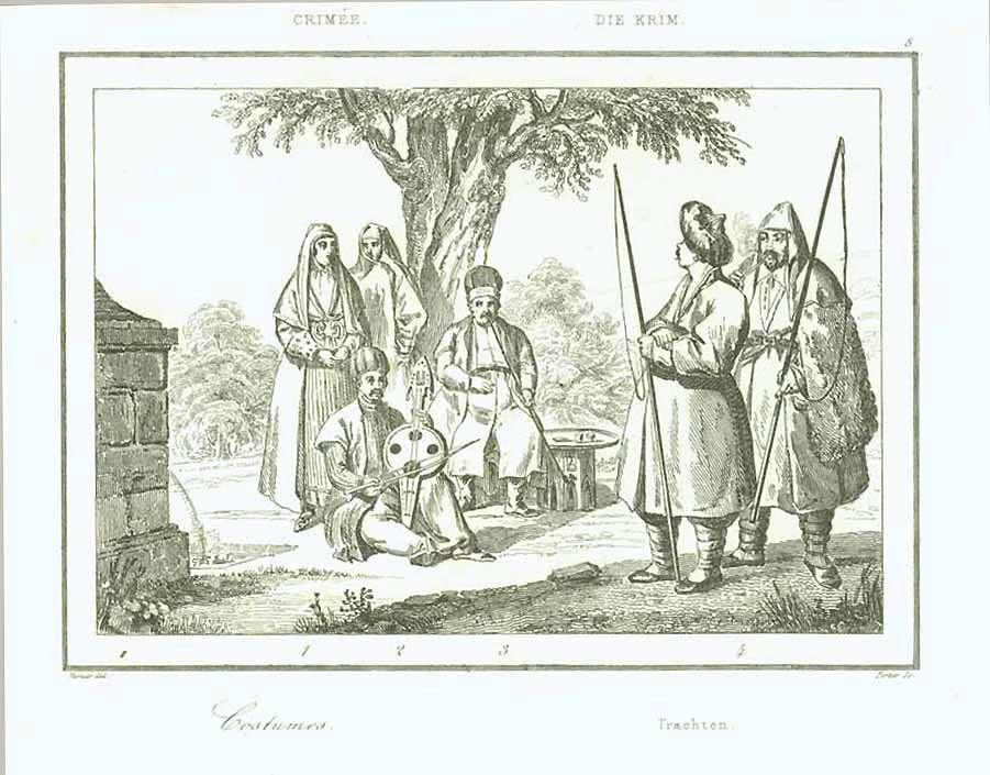 "Crime Die Krim" (Crimea) "Costumes Trachten"  Steel engraving ca 1850.  Original antique print 