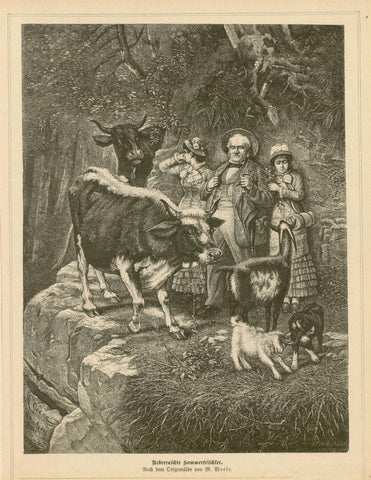 "Ueberraschte Sommerfrischler" (surprised city visitors in summer)  A humorous situation of city folk being surprised by Pinzgauer cows and friendly goats. In the Alps this "confrontation" happens often between the animals and inexperienced city dwellers.  Wood engraving made after the painting by M. Weese (1856-1933). This print published 1883.  Original antique print  