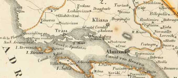 "Ungarische Erbstaaten IV. Koenigreich Dalmatien Kreis 2. Spalatro, 3. Makarska"  Lithograph map from Schliebens "Atlas from Europe". Original outline coloring. Published 1825. Original antique print  Notice that the map has some of the early names for the islands and cities shown.  The right side of the map shows the area of Turkish domination (Ottoman Empire), that lasted from 1299 to 1922 in various parts of Europe, Middle East, Africa and the Mediterranean area. Dalmatia was not part of the Ottoman Empi