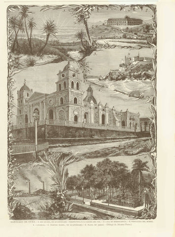 "Santiago de Cuba - 1. Rio guano, en Guantanomo: Perspectiva a la Salida del Sol, 2. Casa de Beneficensia, 3. Fortalezza Del Morro. 4. Cathedral. - 5. Ingenio Isabel, En Guantanamo. 6. Plaza de Armas,"  Wood engraving mde after the drawings by Alverez Perez, 1885.  Original antique print  