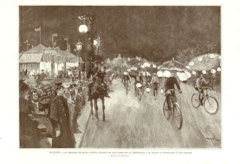 "Madrid. - Los Festejos de Mayo. - Fiesta Ciclista en los Paseos de la Castellana y el Prado la Noche del 25 del Pasado".  Wood engraving after Huerta, published 1895. Reverse side is printed.