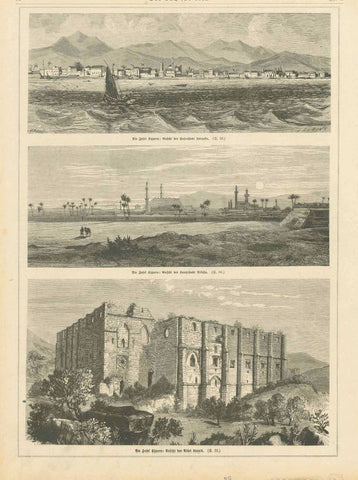 Upper image: "Die Insel Cypern: Ansicht der Hafenstadt Larnaka" Middle image: "Die Insel Cypern: Ansicht der Hauptstadt Nikosia" Lower image: "Die Insel Cypern: Ansicht der Abtei Lapais" (Abbaye de la Paix, Bellpais)  Xylograph published 1879.  Original antique print , interior design, wall decoration, ideas, idea, gift ideas, present, vintage, charming, special, decoration, home interior, living room design