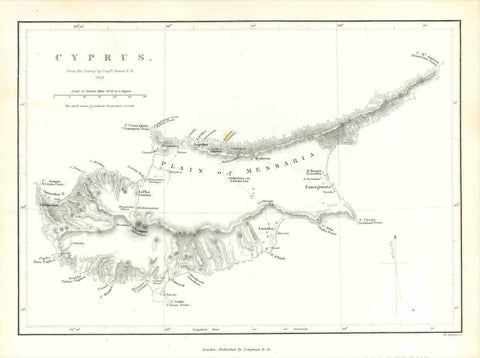 "Cyprus" "From the survey of Capt. Graves R. N. 1849"  Steel engraving map by W. Hughes published 1854.  In the center is Nicosia (Lefkosia).