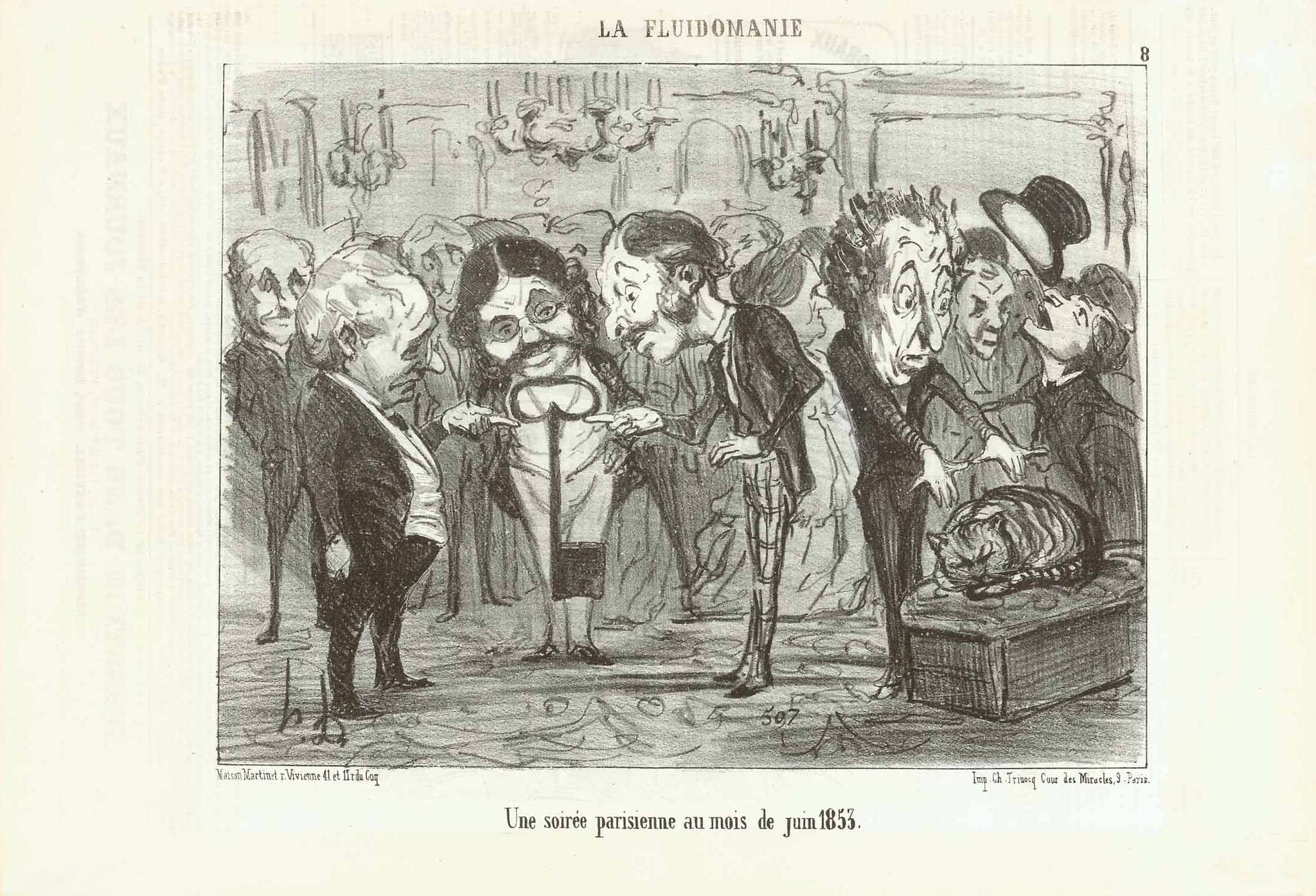 "Une soiree parisienne au mois de juin 1853"  Translation: A Parisian dinner party (seance) in the month of June 1853  Lithograph by Honore Daumier (1808-1879)  Daumier index nr. LD 2404  Series: "La Fluidomanie" Nr. 8  Published in: Le Charivari  Paris, June 7, 1853  Original antique print    Fashionable occult party in Paris in mid 19th century. Magic makes a heavy iron key lift off the ground.  Another guest with high expectations is vainly trying to lift a sleeping cat.