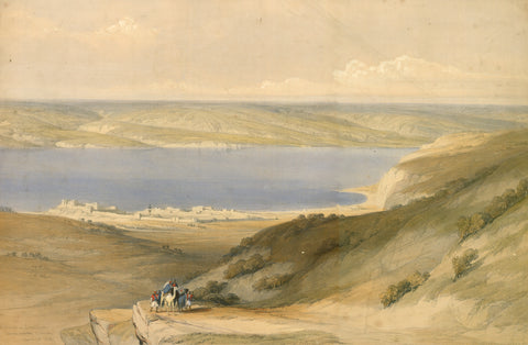 "Sea of Galilee or Genzareth looking towards Bashan"  Hand-colored lithograph by Louis Haghe (1806-1885)  after the drawing by David Roberts (1796-1864)  Published in "The Holy Land"  London, 1842