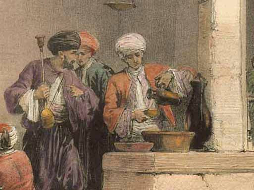 David Roberts, "The Coffee-Shop of Cairo"  Image is on a full page with text below and on reverse side.  The text describes the role of the coffee house in Oriental culture. At the time there were over 1000 coffee shops in Cairo. On the reverse side is an article about various mosques, especially the interiors.