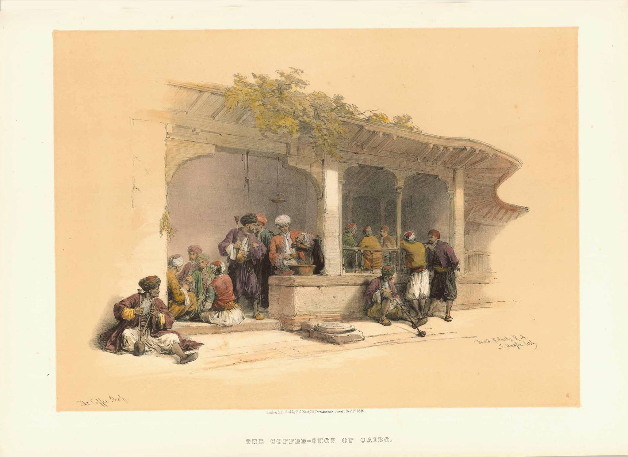 "The Coffee-Shop of Cairo"  Image is on a full page with text below and on reverse side.  The text describes the role of the coffee house in Oriental culture. At the time there were over 1000 coffee shops in Cairo. On the reverse side is an article about various mosques, especially the interiors., interior design, wall decoration, ideas, idea, gift ideas, present, vintage, charming, special, decoration, home interior, living room design