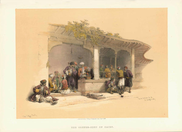 David Roberts, "The Coffee-Shop of Cairo"  Image is on a full page with text below and on reverse side.  The text describes the role of the coffee house in Oriental culture. At the time there were over 1000 coffee shops in Cairo. On the reverse side is an article about various mosques, especially the interiors., interior design, wall decoration, ideas, idea, gift ideas, present, vintage, charming, special, decoration, home interior, living room design