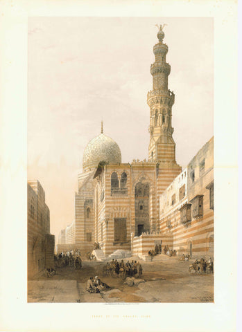 "Tombs of the Khalifs, Cairo"  Repaired tear on upper margin edge. A few minor spots in margins., by David Roberts   (1796 Edinburgh - London 1864)  Roberts was one of the most noted and admired architectural and landscape painters and lithographers of his time. After travelling in many parts of Europe he made several journeys to the Near East and Egypt. He was most noted for the excellence of rendering the ancient ruins which he encountered on his travels. The following prints are from his work about Egypt