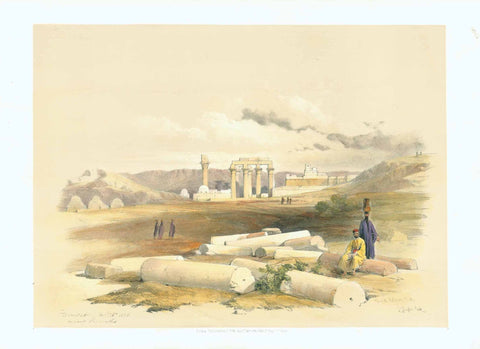 "Hermont, ancient Hermonthis" (ruins in Upper Egypt) Date Nov. 26th 1838.  Half page. Reverse side is printed. Vertical crease in left margn and very minor signs of age and use in margins.  Image: 25.5 x 35 cm (10 x 13.7")     Original Antique Lithographs  by David Roberts  (1796 Edinburgh - London 1864)