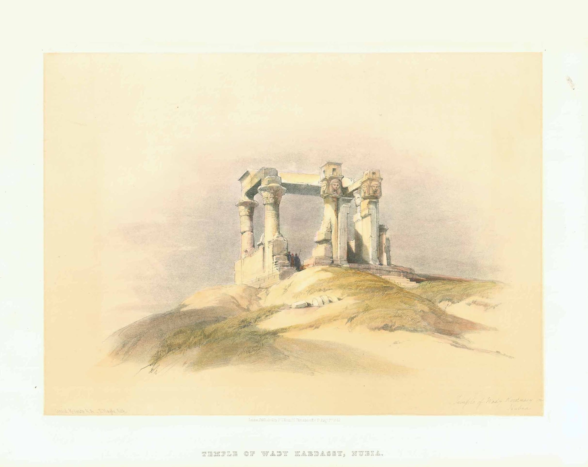 "Temple of Wady Kardassy, Nubia"  Published Aug. 1st. 1846. Minor signs of age in margins. Half page. Reverse side is printed.  Image: 25 x 34.5 cm (9.8x 13.5")  Original Antique Lithographs  by David Roberts  (1796 Edinburgh - London 1864). interior design, wall decoration, ideas, idea, gift ideas, present, vintage, charming, special, decoration, home interior, living room design