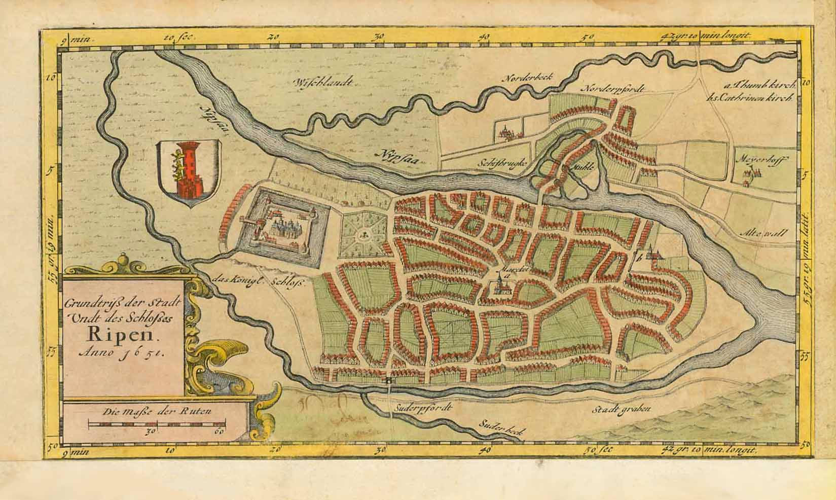 "Grundriss der Stadt und des Schlosses Ripen Anno 1651". Plan of city and castle of Ribe, Denmark. Hand-colored opper etching dated 1651 and published in Johannes Mejer atlas of Schleswig and Holstein. Husum, 1652.  Original antique print   For a 30% discount enter MAPS30 at chekout, interior design, wall decoration, ideas, idea, gift ideas, present, vintage, charming, special, decoration, home interior, living room design
