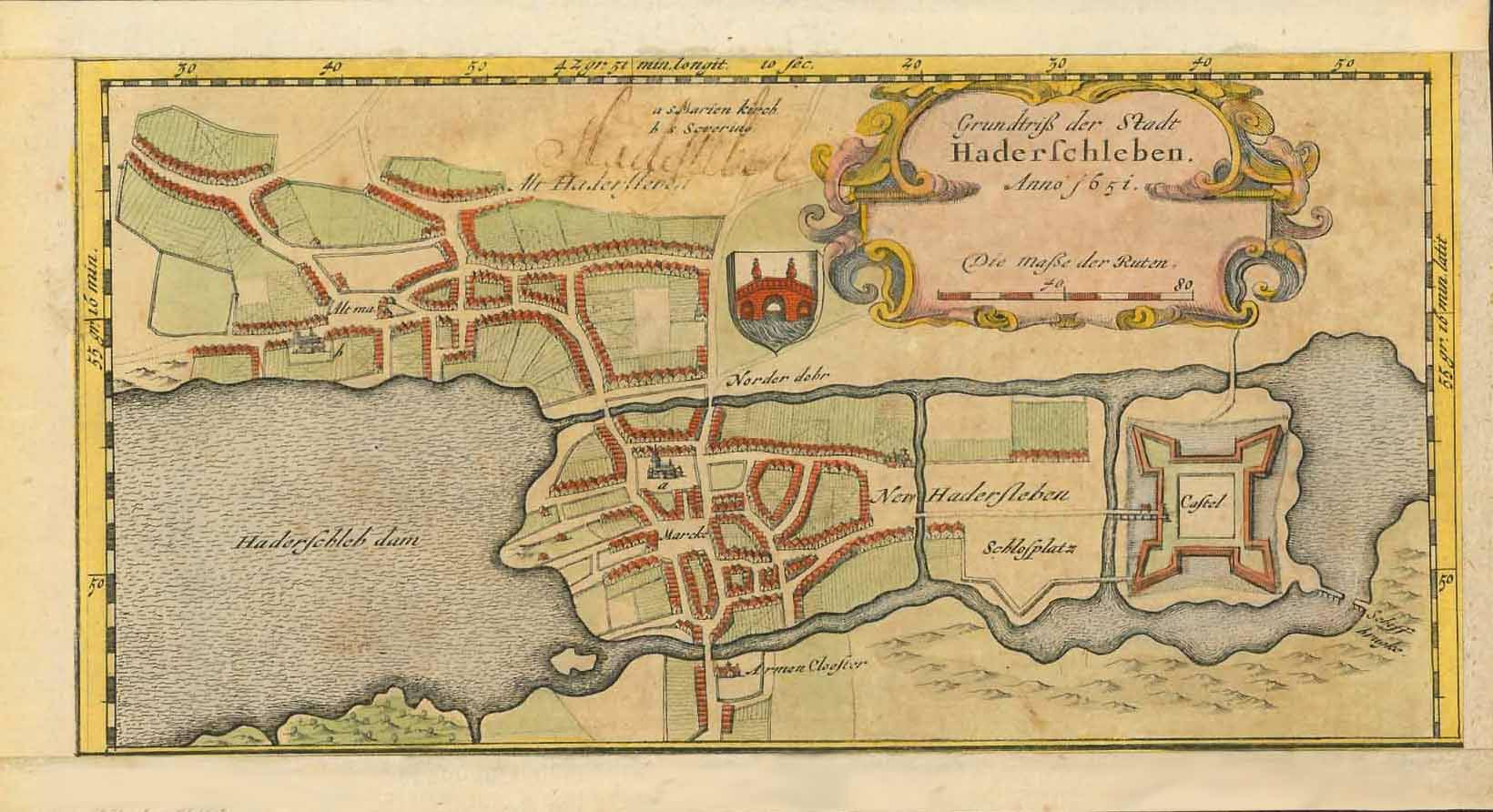 "Grundriss der Stadt Haderschleben Anno 1651". Plan of city of Haderslev, Denmark). Hand-colored opper etching dated 1651 and published in Johannes Mejer atlas of Schleswig and Holstein. Husum, 1652.  Original antique print    For a 30% discount enter MAPS30 at chekout 