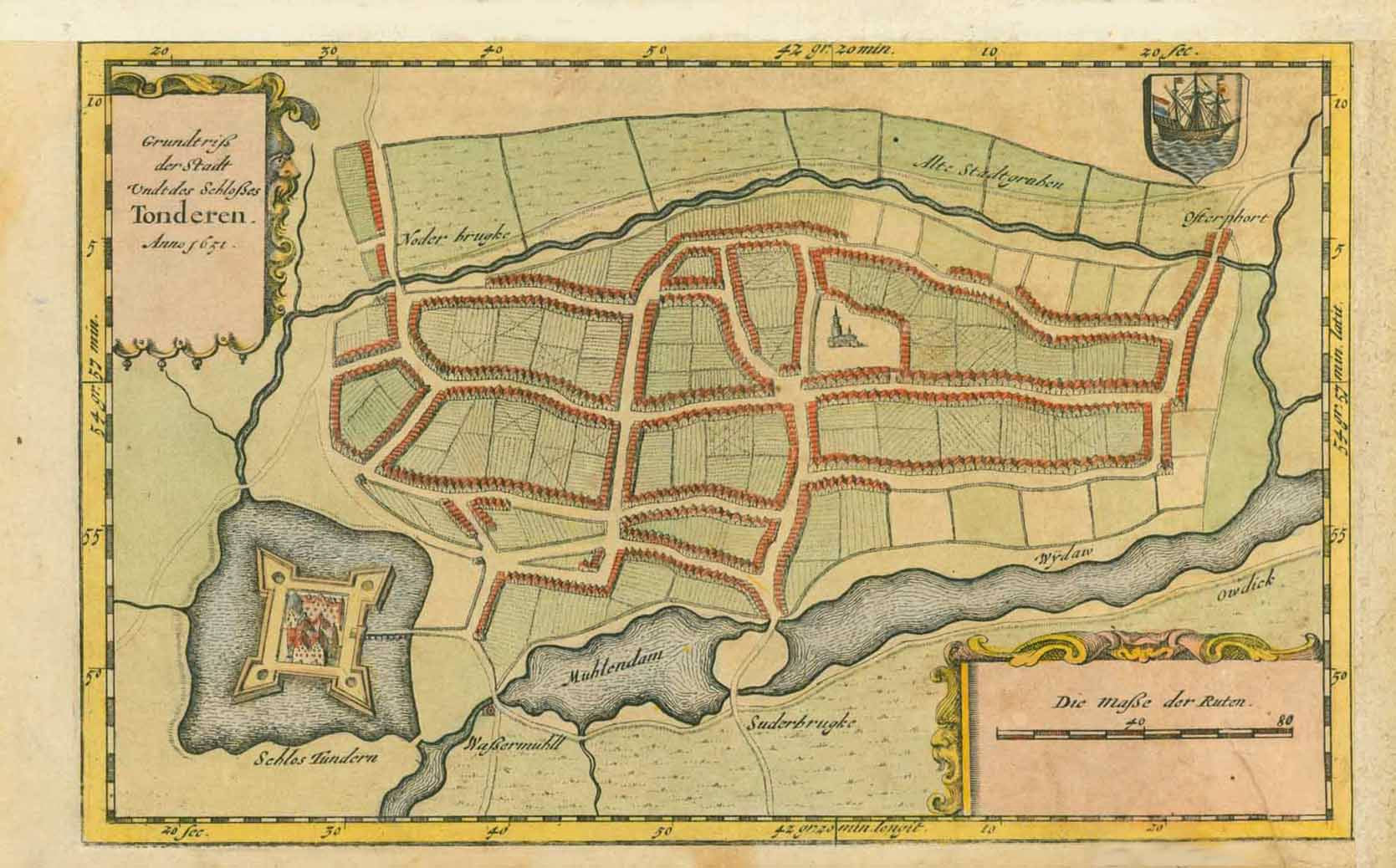 "Grundriss der Stadt und des Schlosses Tonderen Anno1651"  (Plan of city and castle of Toender in Denmark).  Hand-colored opper etching dated 1651 and published in Johannes Mejer Atlas of Schleswig and Holstein. Husum,1652  Original antique print   For a 30% discount enter MAPS30 at chekout, interior design, wall decoration, ideas, idea, gift ideas, present, vintage, charming, special, decoration, home interior, living room design