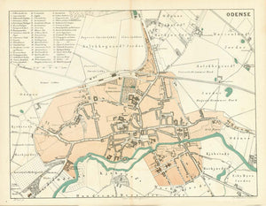Antique City map, antiker Stadtplan,  Dänemark - Denmark  "Odense" City plan. With legend of 56 important buildings.  Lithographed by A. Bull. and printed with red color to mark the city limits by Baerentzen  Published in "Kongeriget Danmark" by J.P. Trap. Copenhagen, 1873  Original antique print  