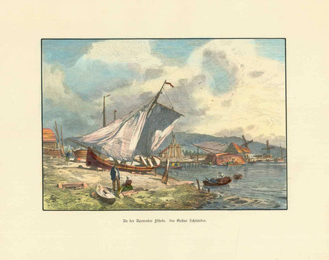 Aabenraa (Apenrade). -"An der Apenrader Foehrde"  View of the harbor of this Danish Baltic Sea Town, artfully and delightfully hand-colored with gouache colors and tightened with gum arabic, which gives the wood engraving after Gustav Schoenleber (1851-1917) the appearance of a painting.  Ca. 1880  Original antique print 