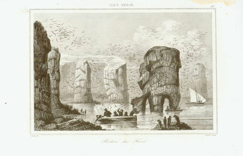 "Roches des Feroe"  Notice the many birds!  Steel engraving by Lemaitre after Vernier. Published 1840.  Denmark, Daenemark, Färöer, Faeringer, Kap Enniberg