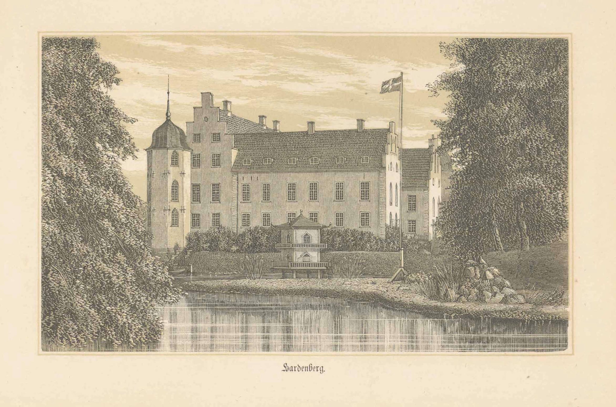 Historic House, Antique print, "Hardenberg"  Historic House in Denmark  Anonymous toned lithograph. Copenhagen, 1873  Original antique print  