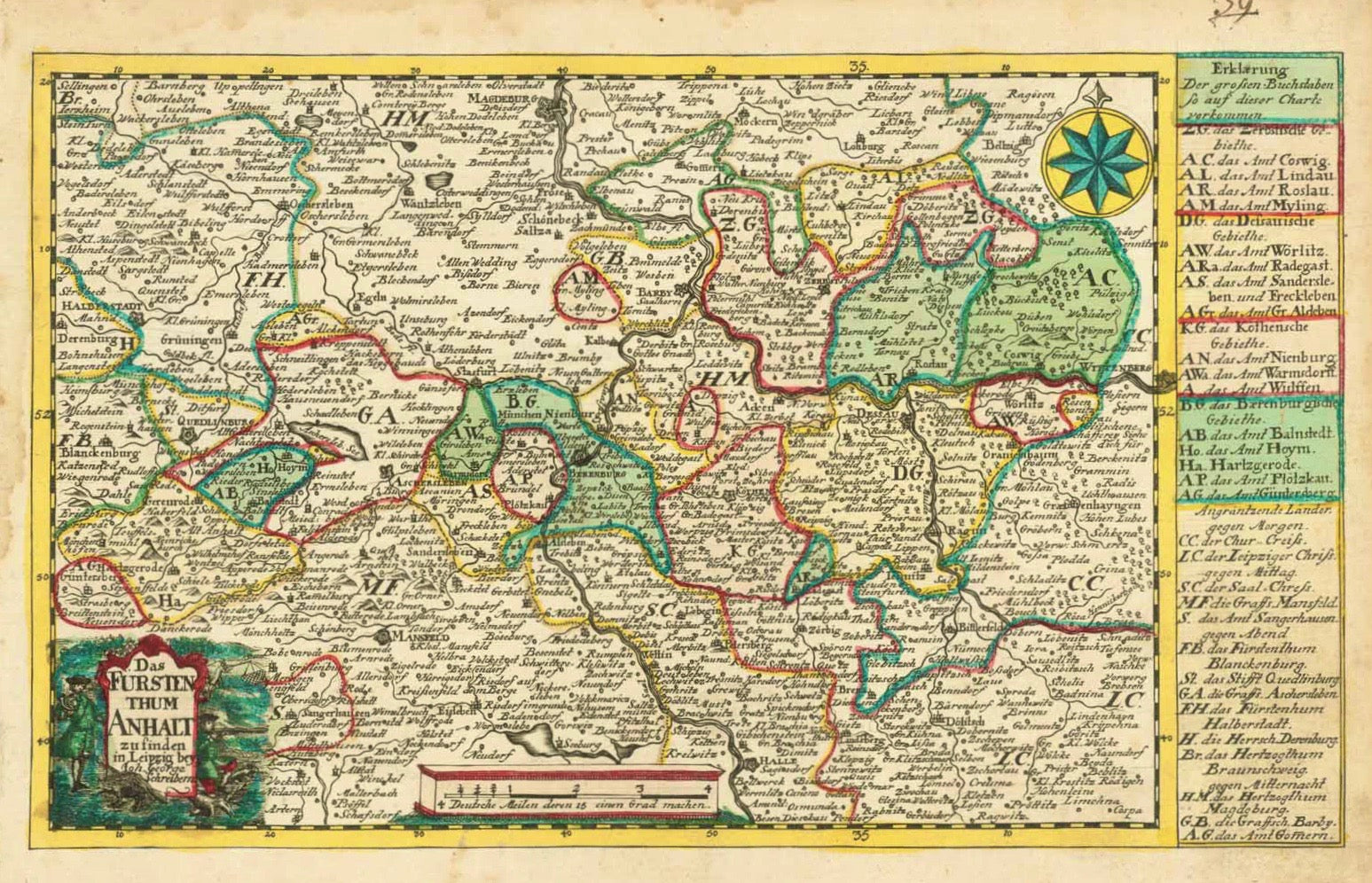 "Das Fürstenthum Anhalt". Copper etching by Johann Christian Schreibern (1676-1746). His atlas was published after his death ca. 1750 in Leipzig. Original hand coloring.  In the center of this Anhalt map is Berenburg on the Saal river. At the top in the center is Magdeburg on the Elbe river and at the bottom center is Halle on the Saal river. On the right center is Wittenberg and on the left center is Halberstadt for orientation. On the right side is map description.