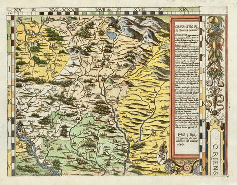 Bavaria. - Nr.12 of the 24-piece copper etching map by Peter Weiner  Hand-colored copper etching after the woodcut by Philipp Apian (1531-1589)  Published in Munich, 1579  The map of Bavaria (Bayerische Landtafeln), when all 24 parts are put together, measures impressive 156 x 159 cm (ca. 61,4 x 62,6") The individual maps count Nr. 1 (top left) to Nr. 24 (bottom right). The complete map is surrounded by a decorative typical Renaissance fruit decor bordure.  In the lower left corner we see just a piece of th