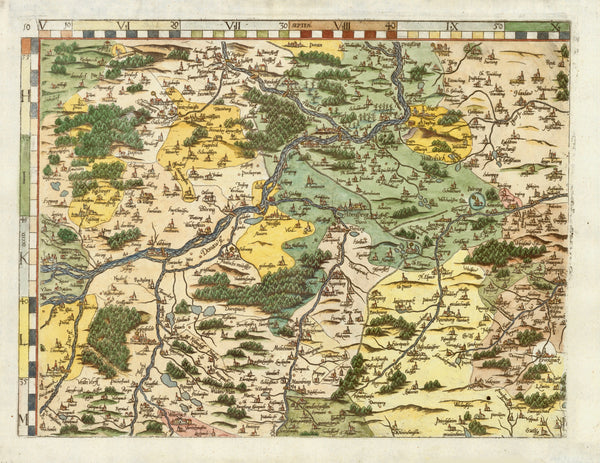 Bavaria. - Nr.10 of the 24-piece copper etching map by Peter Weiner  Hand-colored copper etching after the woodcut by Philipp Apian (1531-1589)  Published in Munich, 1579  The map of Bavaria (Bayerische Landtafeln), when all 24 parts are put together, measures impressive 156 x 159 cm (ca. 61,4 x 62,6") The individual maps count Nr. 1 (top left) to Nr. 24 (bottom right). The complete map is surrounded by a decorative typical Renaissance fruit decor bordure.  At the time Albrecht V. was prince elector in Bava
