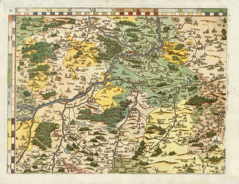 Bavaria. - Nr.10 of the 24-piece copper etching map by Peter Weiner  Hand-colored copper etching after the woodcut by Philipp Apian (1531-1589)  Published in Munich, 1579  The map of Bavaria (Bayerische Landtafeln), when all 24 parts are put together, measures impressive 156 x 159 cm (ca. 61,4 x 62,6") The individual maps count Nr. 1 (top left) to Nr. 24 (bottom right). The complete map is surrounded by a decorative typical Renaissance fruit decor bordure.  At the time Albrecht V. was prince elector in Bava