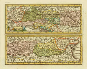 "Danubius Fonte ad Ostia"  The course of the River Danube from source to mouth in the Black Sea.  Copper etching. Original hand color.  By Peter van der Kererre (Latinized: Petrus Kaerius (1570-1630)  Published in "Atlas Minor" (Small hand atlas) by Mercator/Hondius  Amsterdam, 1607  Original antique print    For a 30% discount enter MAPS30 at chekout 