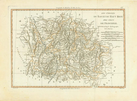 "Les cercles du Bas et du Haut Rhin avec celui de Franconie"  Rhein, Rhine, Hanau, Duesseldorf, Meurs, Metz  Copper engraving by Rigobert Bonne, 1787.  The map shows part of the course of the Rhine river on the left side.  In the center of the map is Hanau. In the northwest is Dusseldorf and Meurs.  In the lower left is Saarbruecken and Metz and in the lower right is part of the Danube and Ingolstadt. Weimar and Jena are in the upper right.