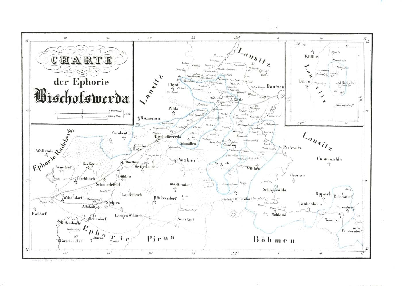 Antique Map, antike Karte, "Charte der Ephorie Bischofswerda"  Bischofswerda, Oberlausitz, Bautzen, Schiebock, Butterbergmassiv, Belmsdorf, Goldbach  Lithograph of Bischofswerda and the surrounding area.  In the upper right is an inset showing Bischdorf and Loebau.  Original outline hand coloring.  Published in Leipzig, 1830.