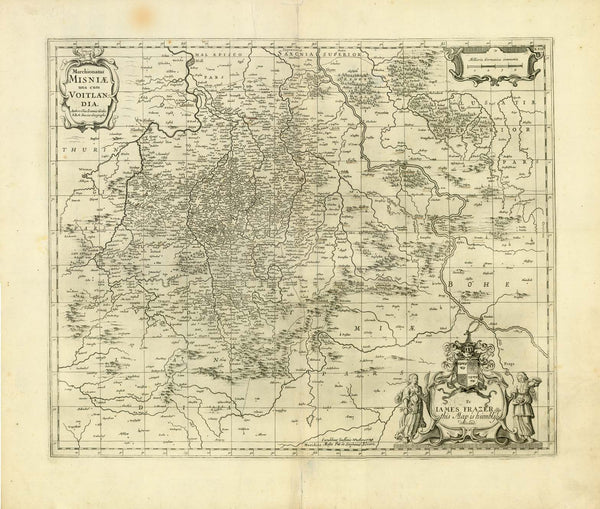 Antique map Germany, Antike Karte Deutschland, Meissen, Vogtland, Sachsen, Saxony, Elbe,  Triebisch,  Markgrafschaft Meissen mit dem Voigtlöand"  Kupfestichkarte von Olof Hansen Örnehufvud (1600-1644)  Publiziert von Jansson-Waesberg, Moses Pitt und Stephen Swart.  Amsterdam, 1683 