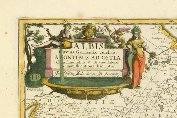 "Albis, Fluvius Germaniae celebris a Fontibus ad Ostia........."  This copper engraving map shows the entire course of the Elbe River from its beginnings in the Czech Republic to the North Sea.  The cartographs of this detailed map were Peter Schenk and Gerard Valk after   Johann van den Avelen ( 1655-1727 ).  The map was published ca 1700.