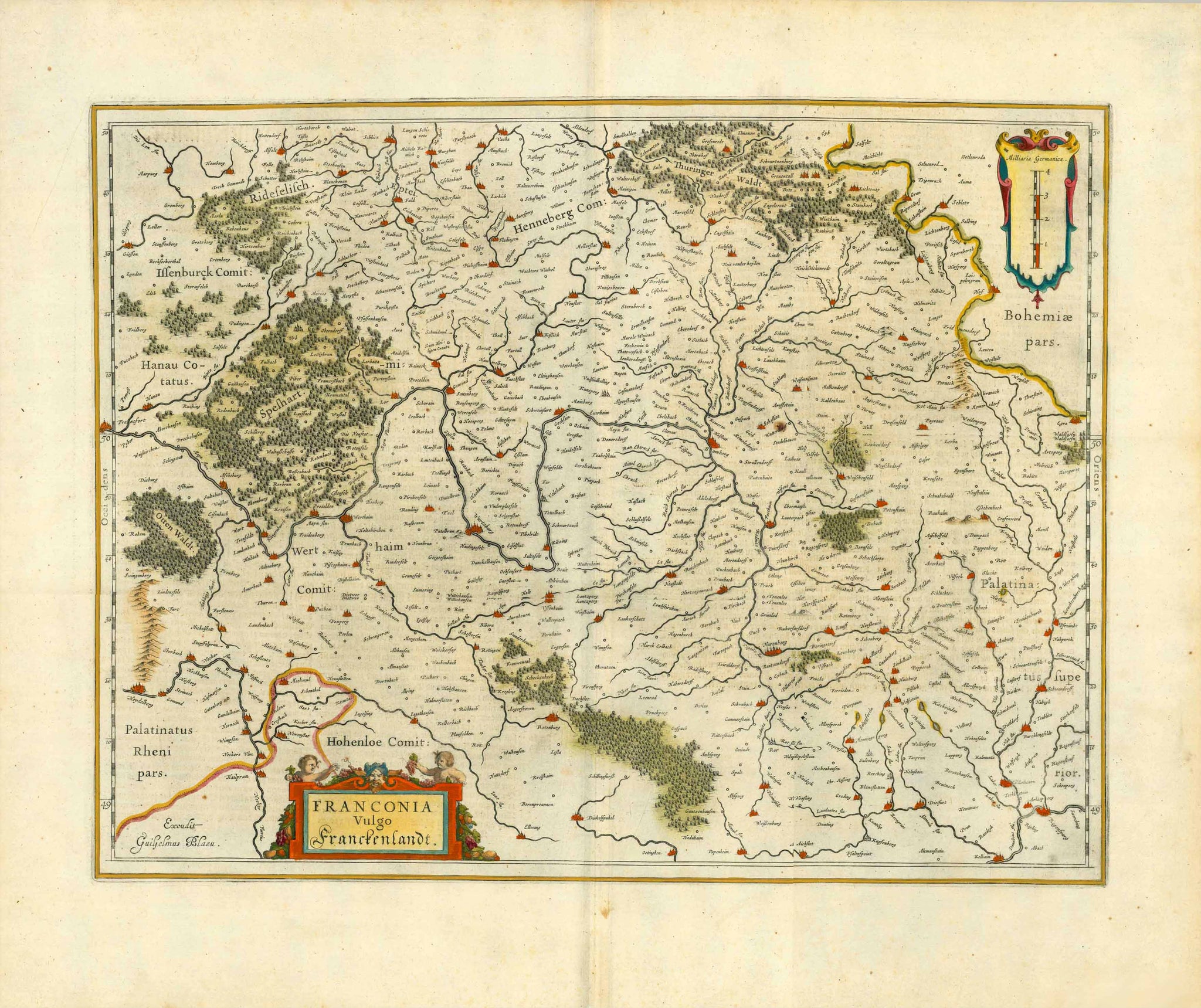 Copper engraving map by Guillaume Bleau ca 1635. Text on the reverse side in German.  In the upper right of the map is the Saal River with the towns of Hof and Egra. In the lower right is Regensburg and Kehlheim on the Danube River. In the middle of the left margin is Frankfurt on the Main River.  In the lower left is Heilbrunn and Neckarsulm.