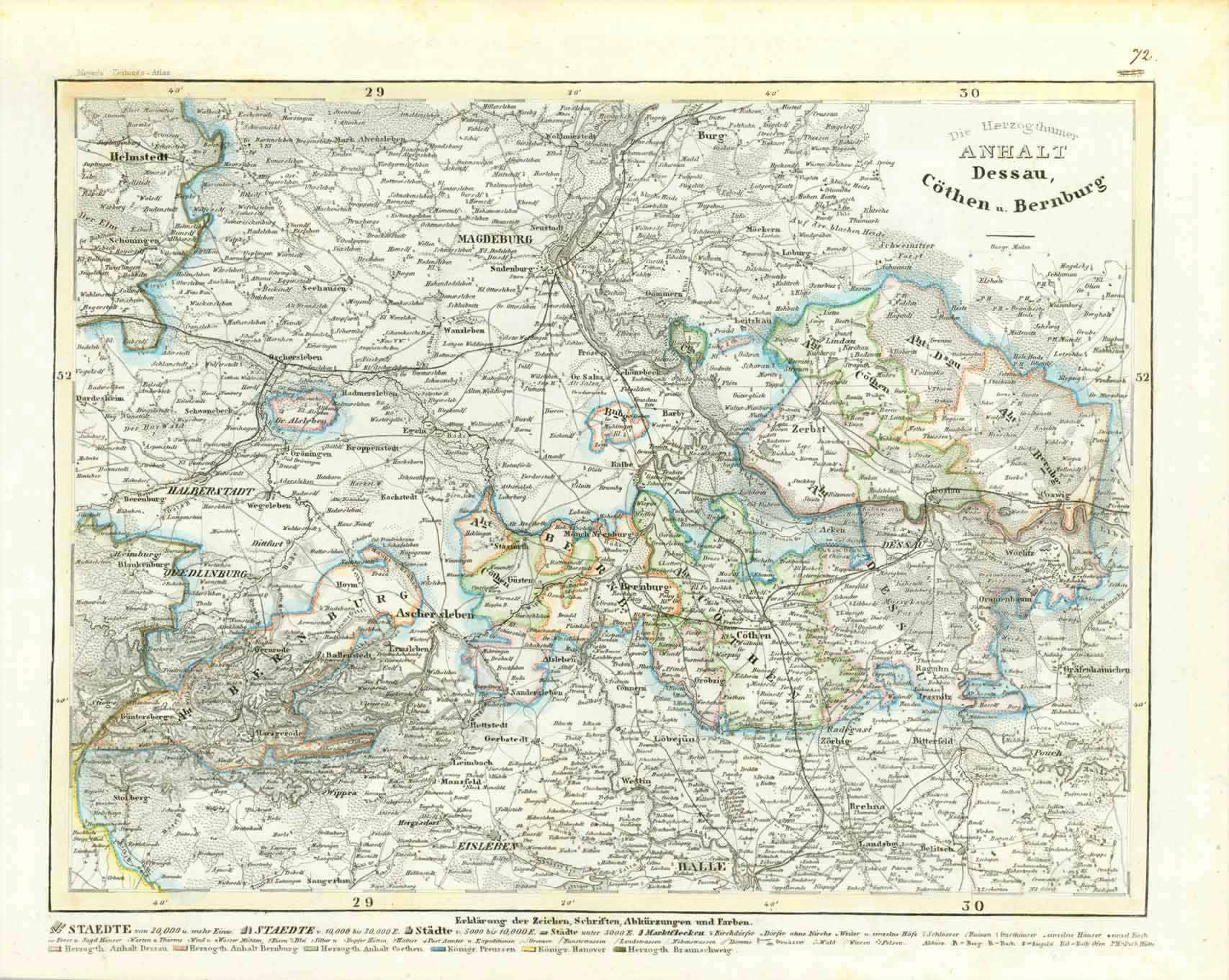 "Die Herzogthuemer Anhalt, Dessau, Coethen u. Bernburg." Steel etching from "Neuster Zeitungs Atlas. Alter und Neuer Erdkunde" by J. Meyer, ca 1855. Original outline coloring.  This map reaches from Helmstedt and Burg in the north corners as far south as Eisleben and Halle in the south-central area. In the center is Kroppenstedt and Egeln. On the right side is Woerlitz and Grafenhainchen.