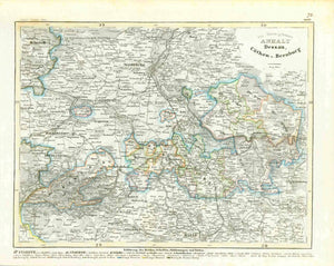 "Die Herzogthuemer Anhalt, Dessau, Coethen u. Bernburg." Steel etching from "Neuster Zeitungs Atlas. Alter und Neuer Erdkunde" by J. Meyer, ca 1855. Original outline coloring.  This map reaches from Helmstedt and Burg in the north corners as far south as Eisleben and Halle in the south-central area. In the center is Kroppenstedt and Egeln. On the right side is Woerlitz and Grafenhainchen.