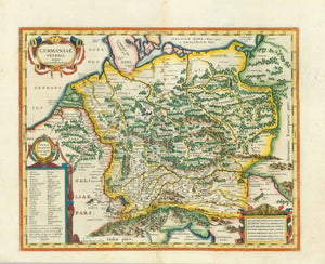 "Germaniae vetris typus"  Copper engraving map by Joannes Jansonius after an earlier map by Abraham Ortelius.  Published ca 1650. Attractive hand coloring. Text on reverse side in Dutch.  In the lower left corner are important topographical names at the time of Charles the Great.  This map is interestering for the study of toponymy. In the lower right is a dedication to Jacobo Monavio.