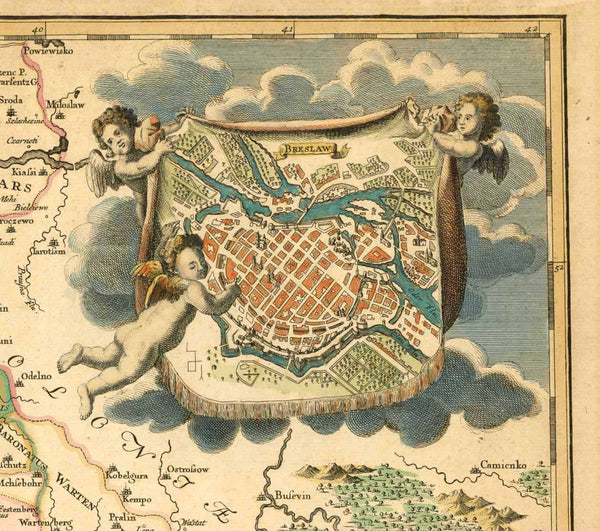 Carte Generale Du Duche de Silesie divisee en ses XVII Moindres Principautes et Domaines" "Sup et Inferioris Ducatus Silesiae In Suos XVII Minores "  Copper engraving map of Silesia by Covens and Mortier. Original hand coloring with  some of the towns highlighted in gold. Map was published in Amsterdam . Dated 1741.  Map shows Silesia with a decorative inset of Breslau in the upper right corner.