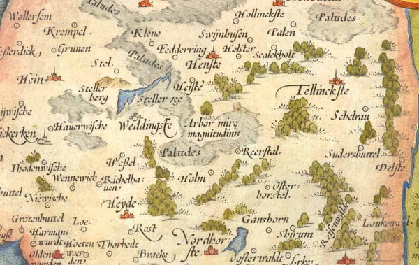 "Thietmarsiae, Holsaticae Regionis Partis Typus Auctore Petro Boeckel" Handkolorierte Kupfersticharte von Peter Boeckel aus dem Atlas "Theatrum Orbis Terrarum" von Abraham Ortelius (1527-1598)  Antwerpen, 1581.  Thietmarsiae, Dithmarschen, Schleswig-Holstein, Meldorf, Brunsbuettel, Buesum, Heide  Original antique print    Karte zeigt das Küstenland zwischen Elbe und Eider