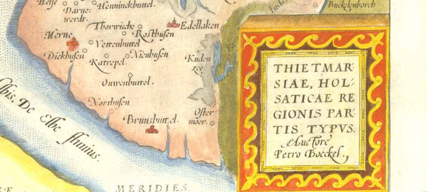 Antique map "Thietmarsiae, Holsaticae Regionis Partis Typus Auctore Petro Boeckel" Handkolorierte Kupfersticharte von Peter Boeckel aus dem Atlas "Theatrum Orbis Terrarum" von Abraham Ortelius (1527-1598)  Antwerpen, 1581.  Thietmarsiae, Dithmarschen, Schleswig-Holstein, Meldorf, Brunsbuettel, Buesum, Heide  Original antique print    Karte zeigt das Küstenland zwischen Elbe und Eider