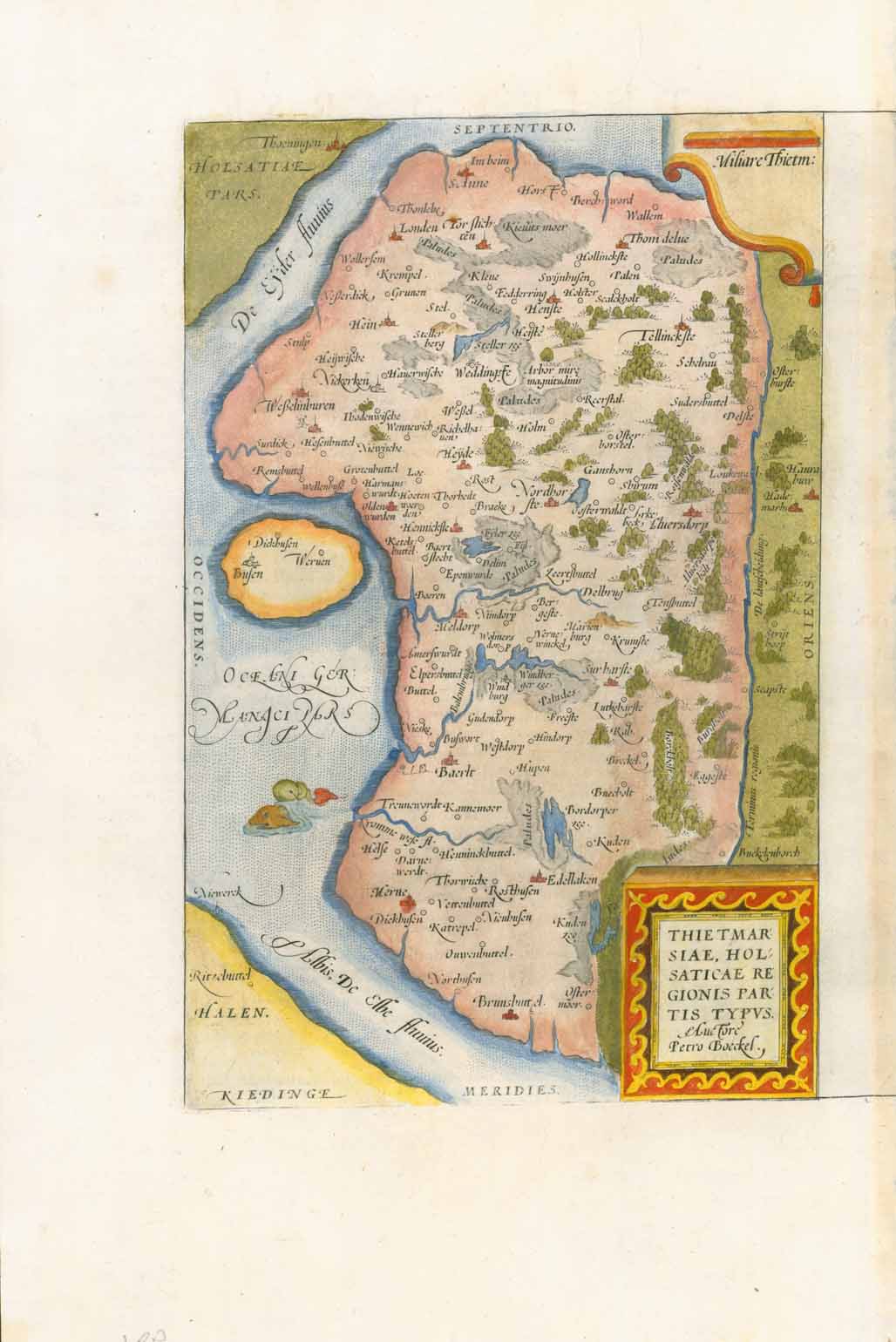 Antique Map, "Thietmarsiae, Holsaticae Regionis Partis Typus Auctore Petro Boeckel" Handkolorierte Kupfersticharte von Peter Boeckel aus dem Atlas "Theatrum Orbis Terrarum" von Abraham Ortelius (1527-1598)  Antwerpen, 1581.  Thietmarsiae, Dithmarschen, Schleswig-Holstein, Meldorf, Brunsbuettel, Buesum, Heide  Original antique print    Karte zeigt das Küstenland zwischen Elbe und Eider