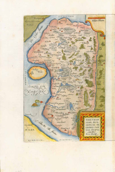 Antique map, "Thietmarsiae, Holsaticae Regionis Partis Typus Auctore Petro Boeckel" Handkolorierte Kupfersticharte von Peter Boeckel aus dem Atlas "Theatrum Orbis Terrarum" von Abraham Ortelius (1527-1598)  Antwerpen, 1581.  Thietmarsiae, Dithmarschen, Schleswig-Holstein, Meldorf, Brunsbuettel, Buesum, Heide  Original antique print    Karte zeigt das Küstenland zwischen Elbe und Eider