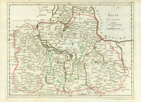 "Basse Lusace" (Niederlausitz, Lausitz)  Copperplate engraving map with original hand outline coloring. By Le Rouge in Paris. Dated 1759.  At the top of the map left is Stockau. On the right is Crossen, Dobritz and Sorau. At the bottom of the map is Senftenberg and Musca. On the left is Preusdorf and Pitschen.