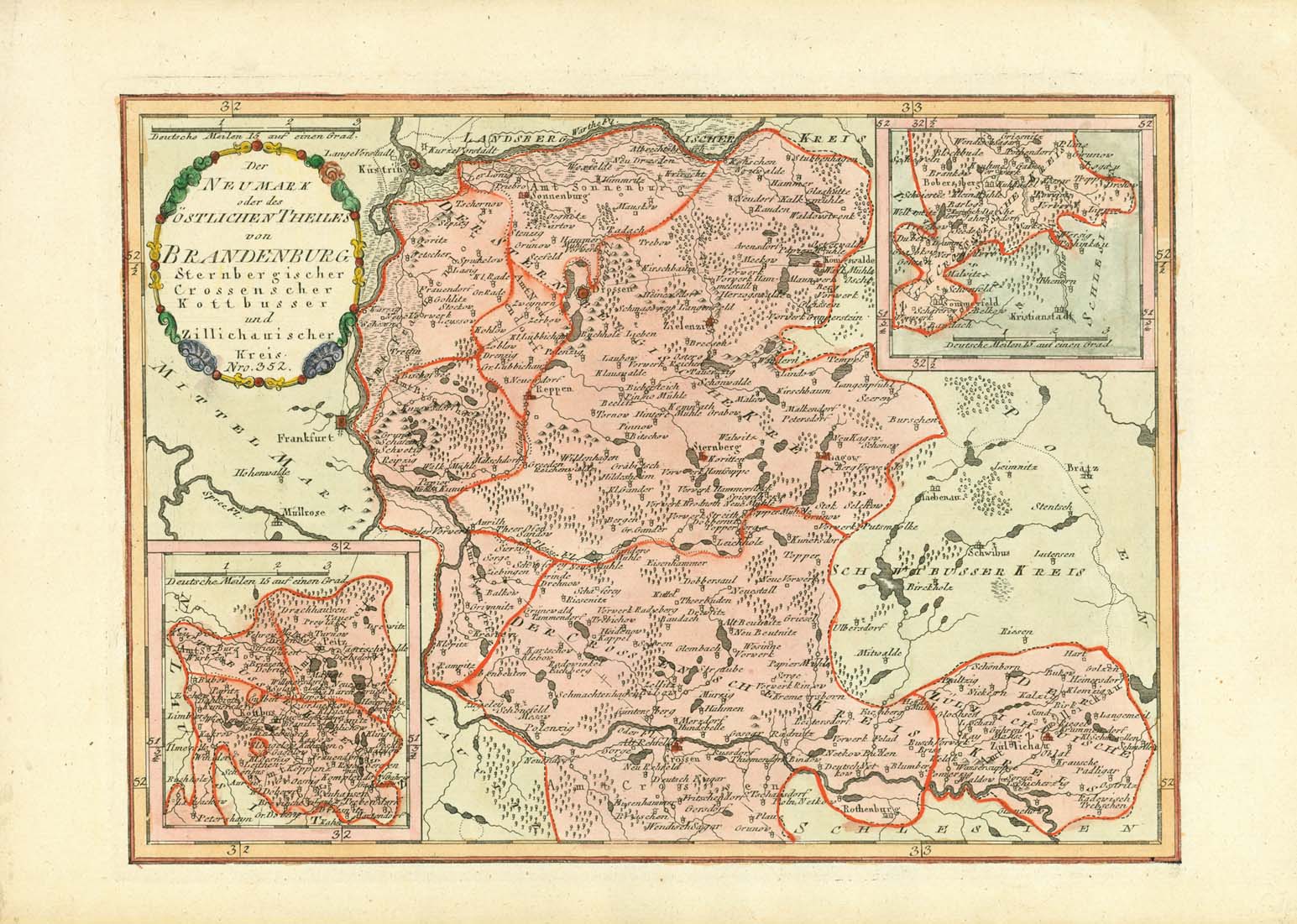 "Der Neumark oder des östlichen Thieles von Brandenburg Sternbergischer, Crossenschaer, Cottbusser und Zillichauischer Kreis"  Germany, Neumark, Brandenburg, Sternbergischer Kreis, Crossenschaer Kreis, Cottbusser Kreis, Zillichauischer Kreis  Altkolorierte Kupferradierung.Mit zwei kleinen Nebenkarten: Re. oben: Unteres Obertal zum Crossischen Kreis gehörig.