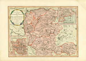 "Der Neumark oder des östlichen Thieles von Brandenburg Sternbergischer, Crossenschaer, Cottbusser und Zillichauischer Kreis"  Germany, Neumark, Brandenburg, Sternbergischer Kreis, Crossenschaer Kreis, Cottbusser Kreis, Zillichauischer Kreis  Altkolorierte Kupferradierung.Mit zwei kleinen Nebenkarten: Re. oben: Unteres Obertal zum Crossischen Kreis gehörig.