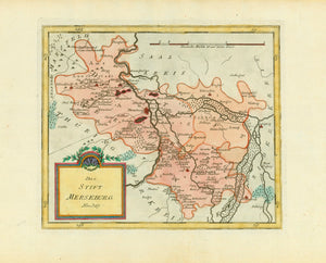 "Das Stift Merseburg"  Altkolorierte Kupferradierung.  Aus dem Atlas: "Schauplatz der fünf Thiele der Welt". Karte 381  Von Franz Johann Joseph von Reilly (1766-1820)  Wien, 1791  Sauber. Breitrandig. Attraktives Altkolorit